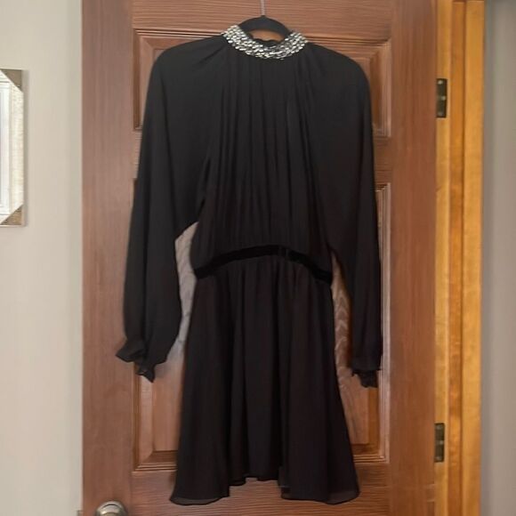 ASOS black chiffon dress with velvet waistband & diamond detail around neckline - Picture 1 of 9
